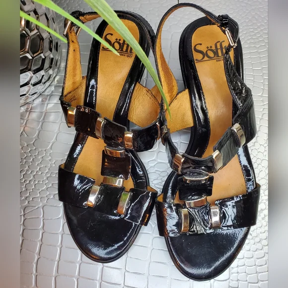 Sofft Black Patent Wedge Heel Sandals Leather size 7 - Picture 2 of 9